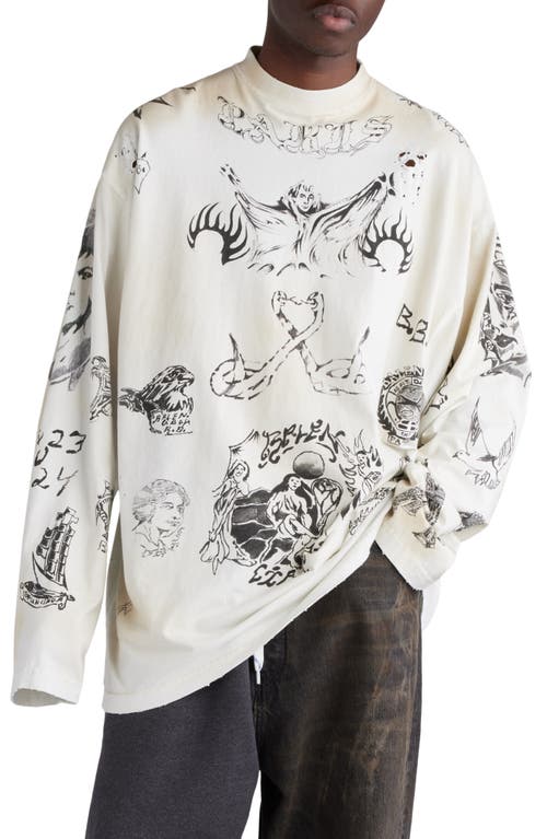 Balenciaga Tattoo Distressed Long Sleeve Cotton Graphic T-shirt In Off White/black