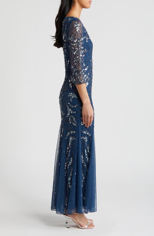 Shop Pisarro Nights Illusion Sleeve Beaded A-line Gown In Petrol Blue