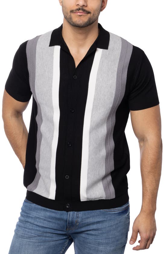 Shop Spring + Mercer Stripe Short Sleeve Button-up Polo Sweater In Black