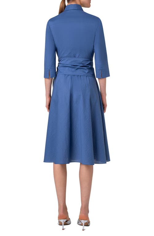 Akris Punto Sash Detail Cotton Seersucker Shirtdress In Smoky Blue