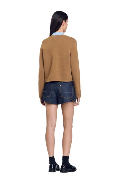 Shop Sandro Ruffled Neck Cardigan In Camel