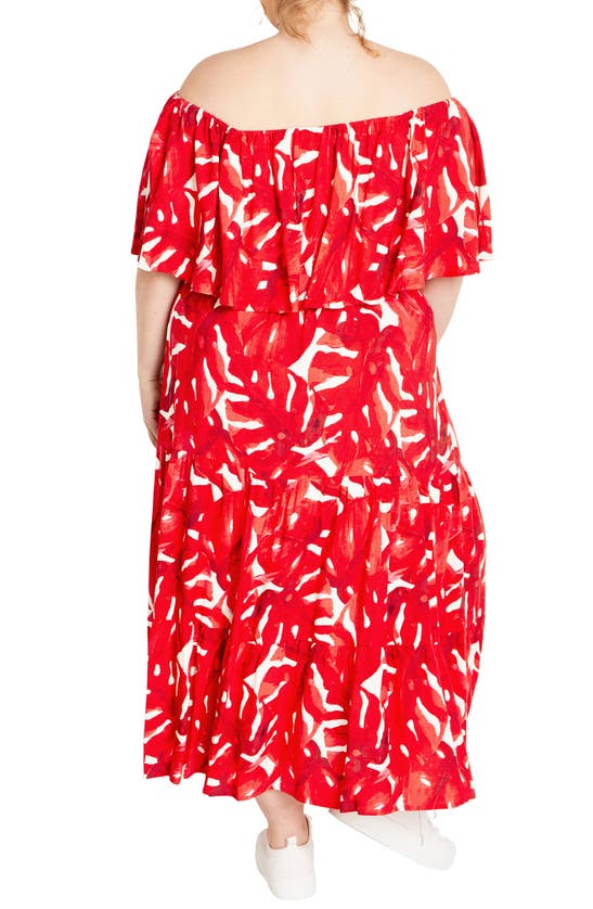 Shop City Chic Boardwalk Off The Shoulder Midi Dress In Crimson Palm