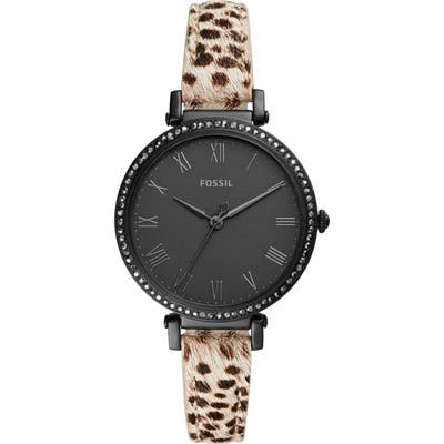 Fossil Jacqueline Crystal Bezel Faux Calf Hair Leather Strap Watch,