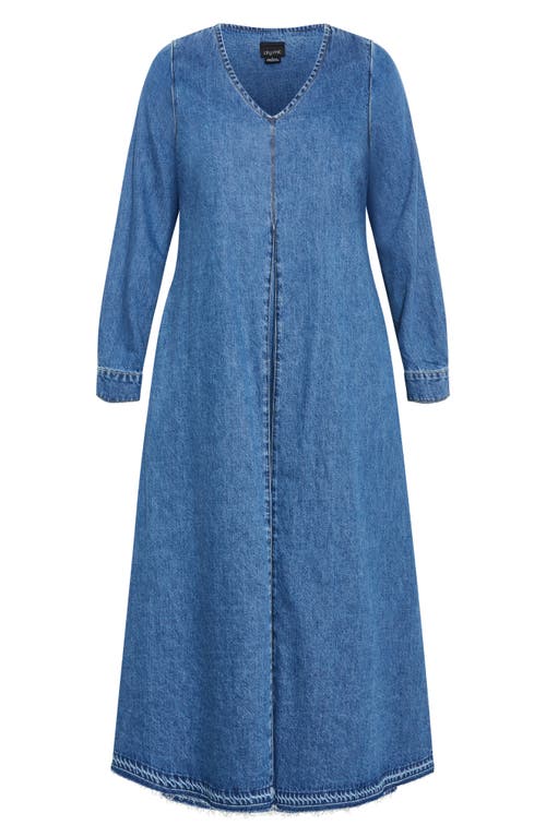 Shop City Chic Ivy Long Sleeve Denim Midi Dress In Mid Denim