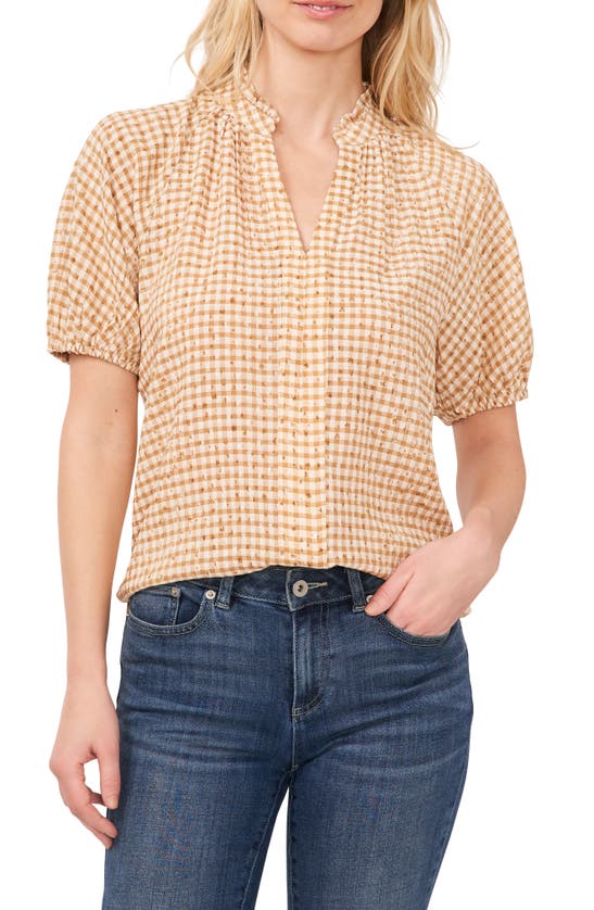 Shop Cece Floral Embroidery Gingham Top In Light Sand