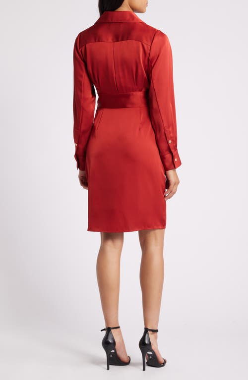 Shop Tahari Asl Long Sleeve Faux Wrap Satin Shirtdress In Brick