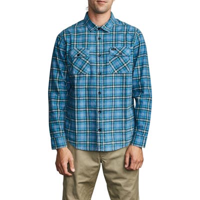 Rvca Panhandle Plaid Long Sleeve Flannel Button-Up Shirt, Blue