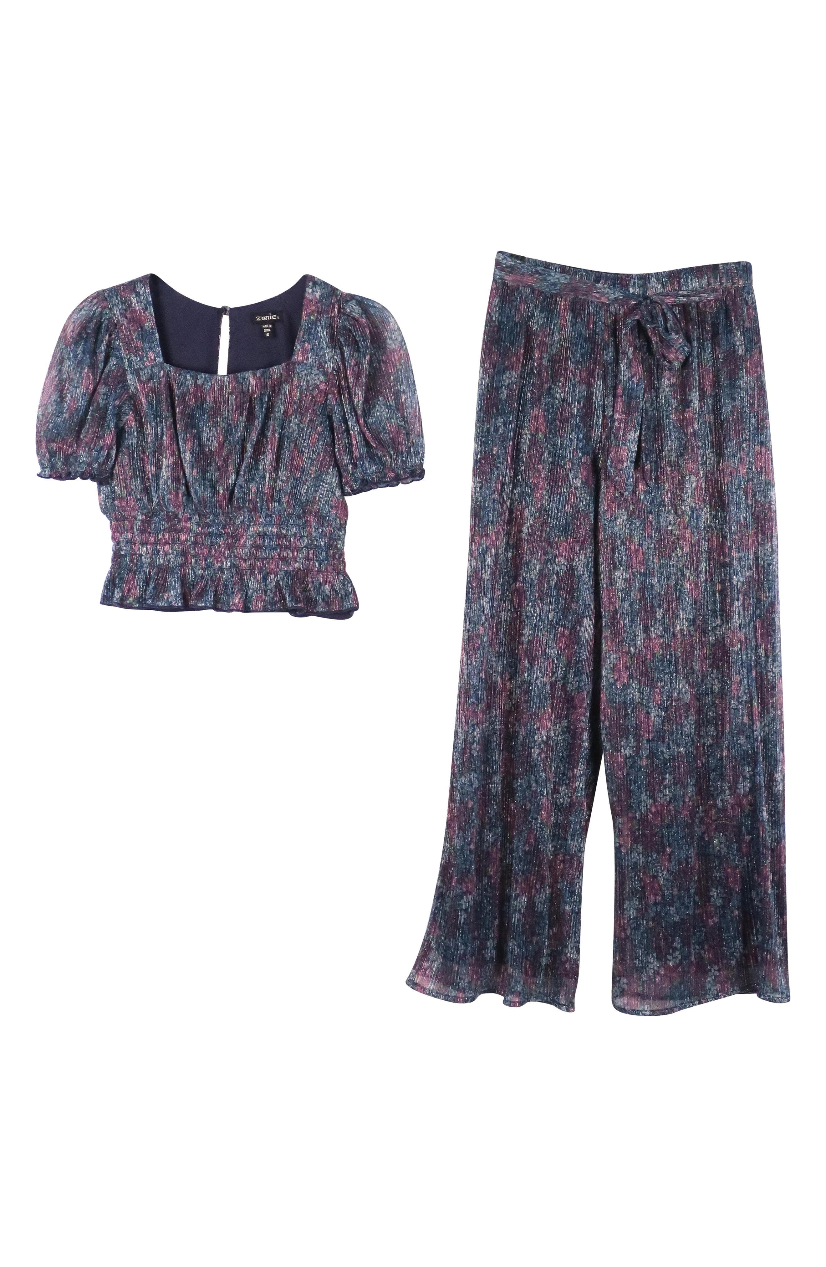 Zunie Kids' Metallic Plissé Top & Pants Set in Navy Multi 