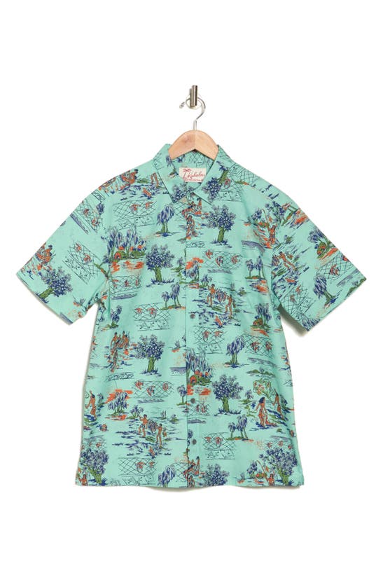 Kahala Lawai Short Sleeve Cotton Button-down Shirt In Aqua
