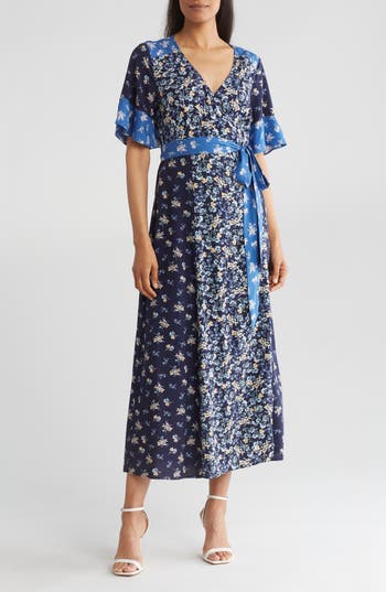 Lovestitch Floral Wrap Midi Dress In Blue