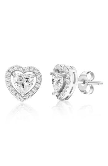 Simona Sterling Silver Cubic Zirconia Heart Halo Stud Earrings In Silver