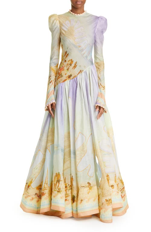 Zimmermann Tama Postcard Print Long Sleeve Linen & Silk Gown in Poster Print