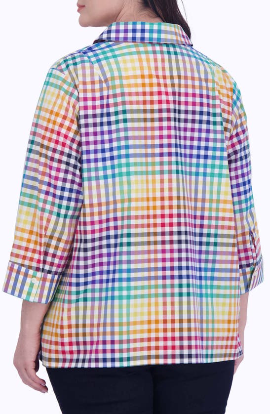 Shop Foxcroft Sophia Rainbow Gingham Three-quarter Sleeve Cotton Popover Shirt In Multi Plaid