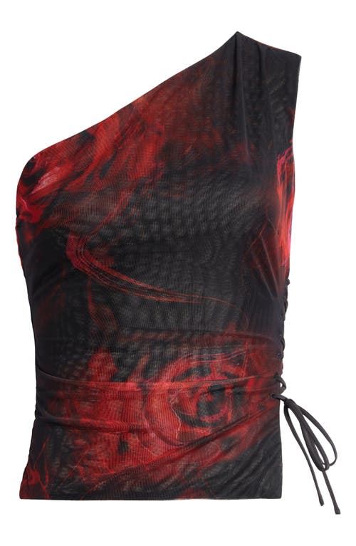 Mistress Rocks Rose One-shoulder Lace-up Mesh Top In Black Rose Print