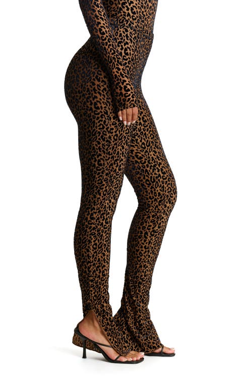 Naked Wardrobe Palm Frond Burnout Velvet Bootcut Slit Hem Pants In Leopard Nude