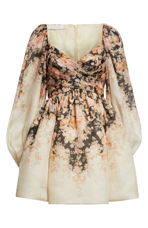 Shop Zimmermann Illustration Floral Long Sleeve Draped Linen & Silk Minidress In Tea Rococo Floral