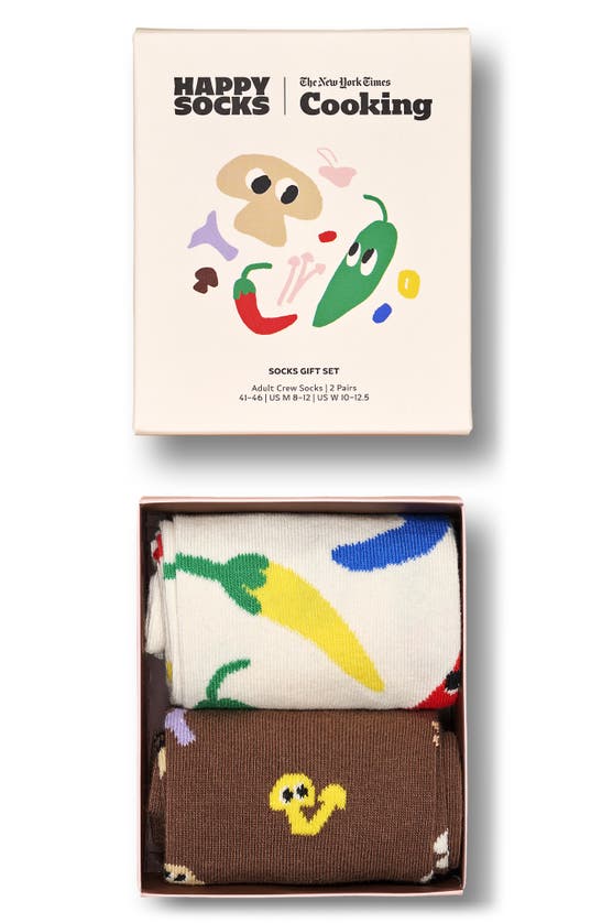 Shop Happy Socks Nyt Cooking Hothead Fun 2-pack Cotton Blend Crew Socks Gift Set In Beige/ Brown