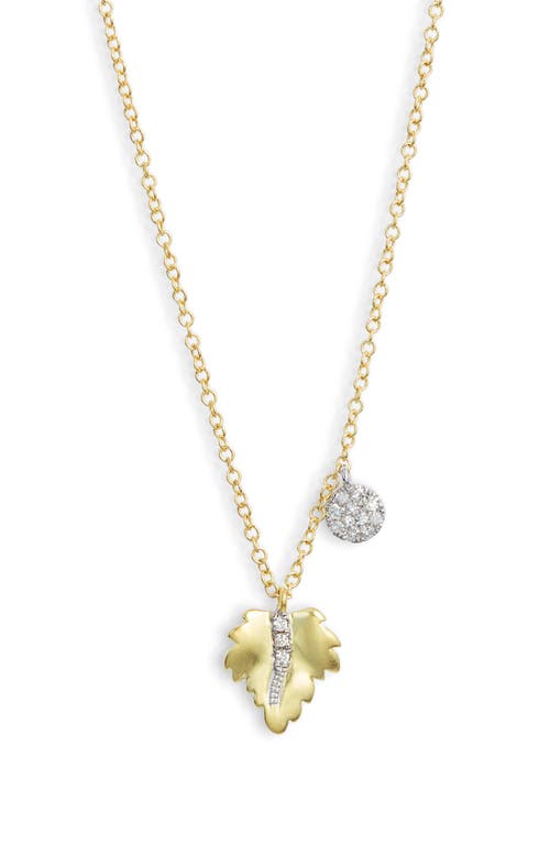Leaf & Diamond Charm Necklace in Two Toned Yellow Gold