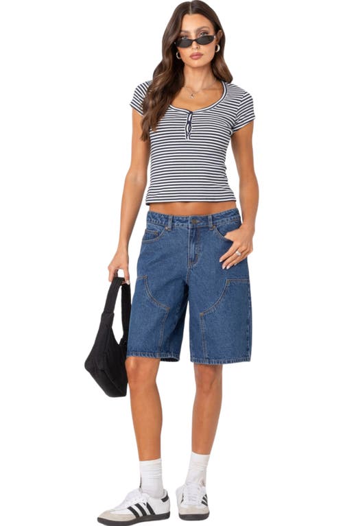 Edikted Kady Stripe Short Sleeve Henley Top In Navy