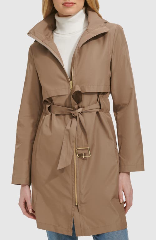 Cole Haan Belted Travel Packable Hooded Rain Jacket In Champagne