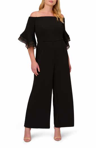 One Shoulder Crepe Jumpsuit With Lace Ruffle Details In Black
