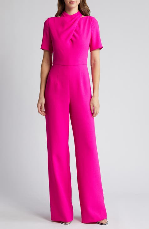Hot Pink Ruffle Sleeve Cup Halter Strap Jumpsuit