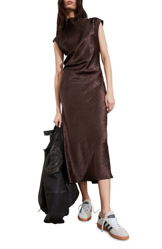 Shop & Other Stories Tania Cap Sleeve Satin Midi Dress In Brown Dark