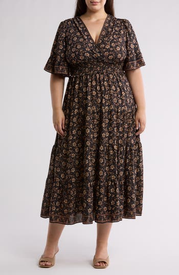Max Studio Short Sleeve V-neck Maxi Dress In Black/spring Vintage Floral