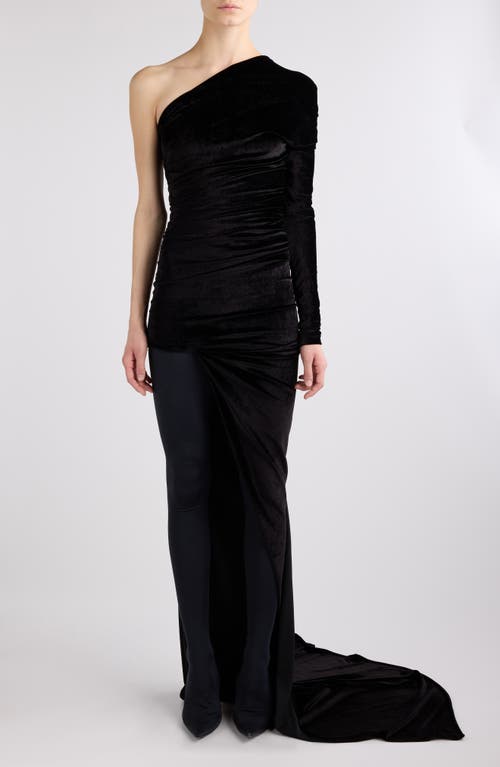 Shop Balenciaga One-shoulder Asymmetric Velvet Gown In Black