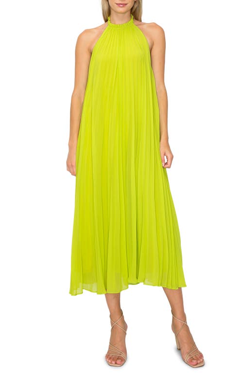 Pleated Halter Midi Dress in Chartreuse