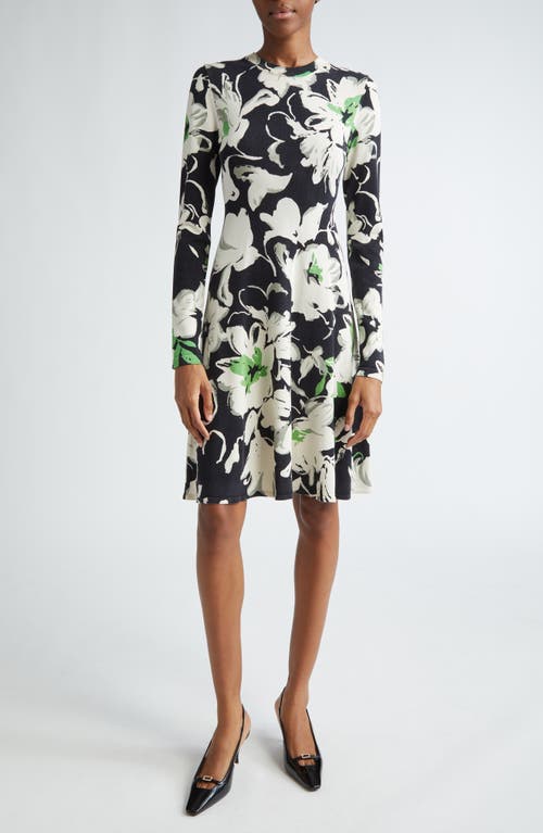 Lela Rose Floral Long Sleeve Jersey Dress In Black Multi