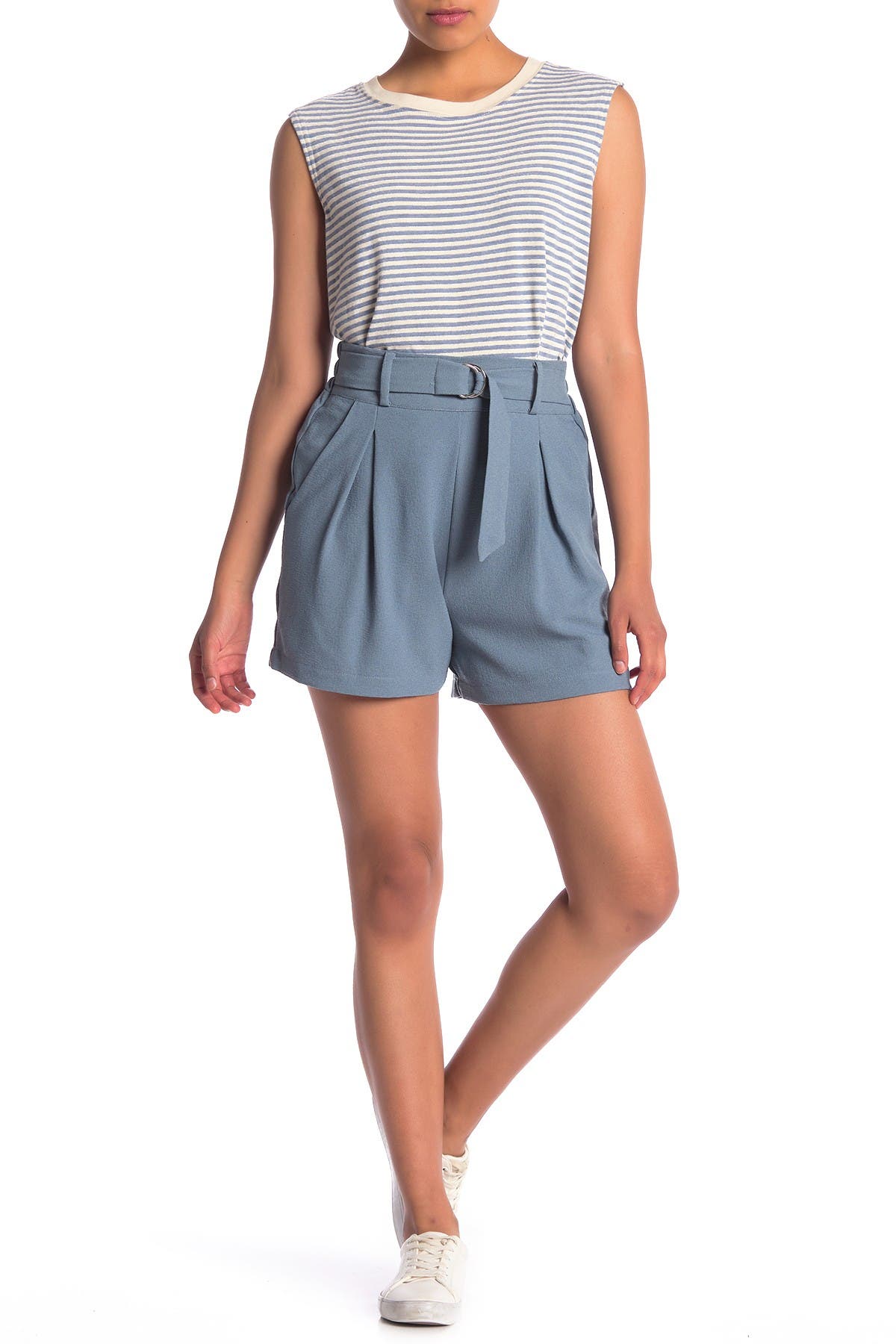 Abound Belted High Waist Pleated Shorts In Blue Stone