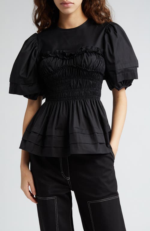 Vanessa Puff Sleeve Cotton Peplum Top in Black