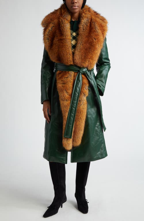 Padded Leather Wrap Coat with Faux Fur Scarf & Hood in Ivy