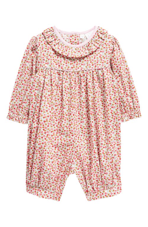 Rachel Riley Floral Ruffle Neck Cotton Romper in Pink at Nordstrom