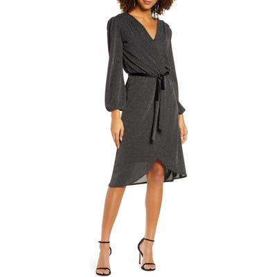 Fraiche By J Glitter Long Sleeve Faux Wrap Dress, Black