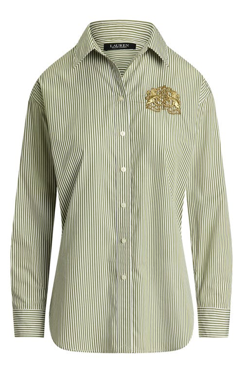 Shop Lauren Ralph Lauren Stripe Lion Crest Cotton Button-up Shirt In Olive/white