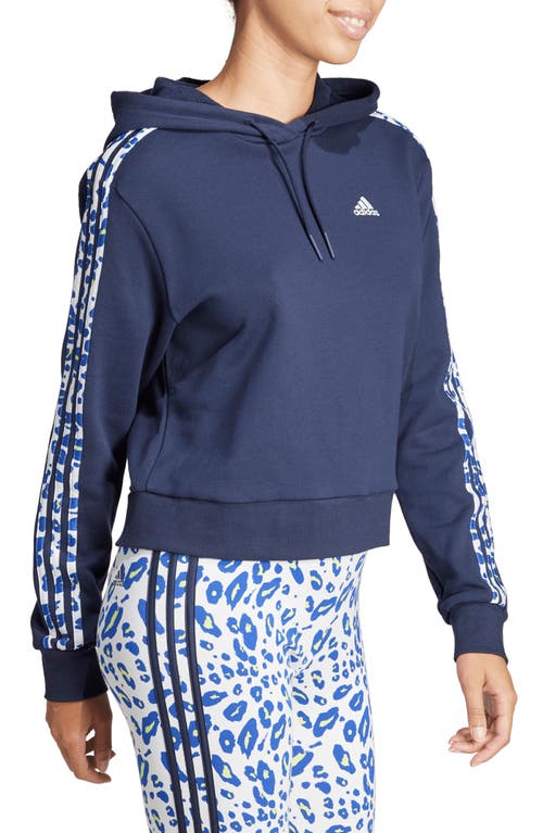Shop Adidas Originals Adidas 3-stripes Leopard Print Crop Pullover Hoodie In Ink/crystal White