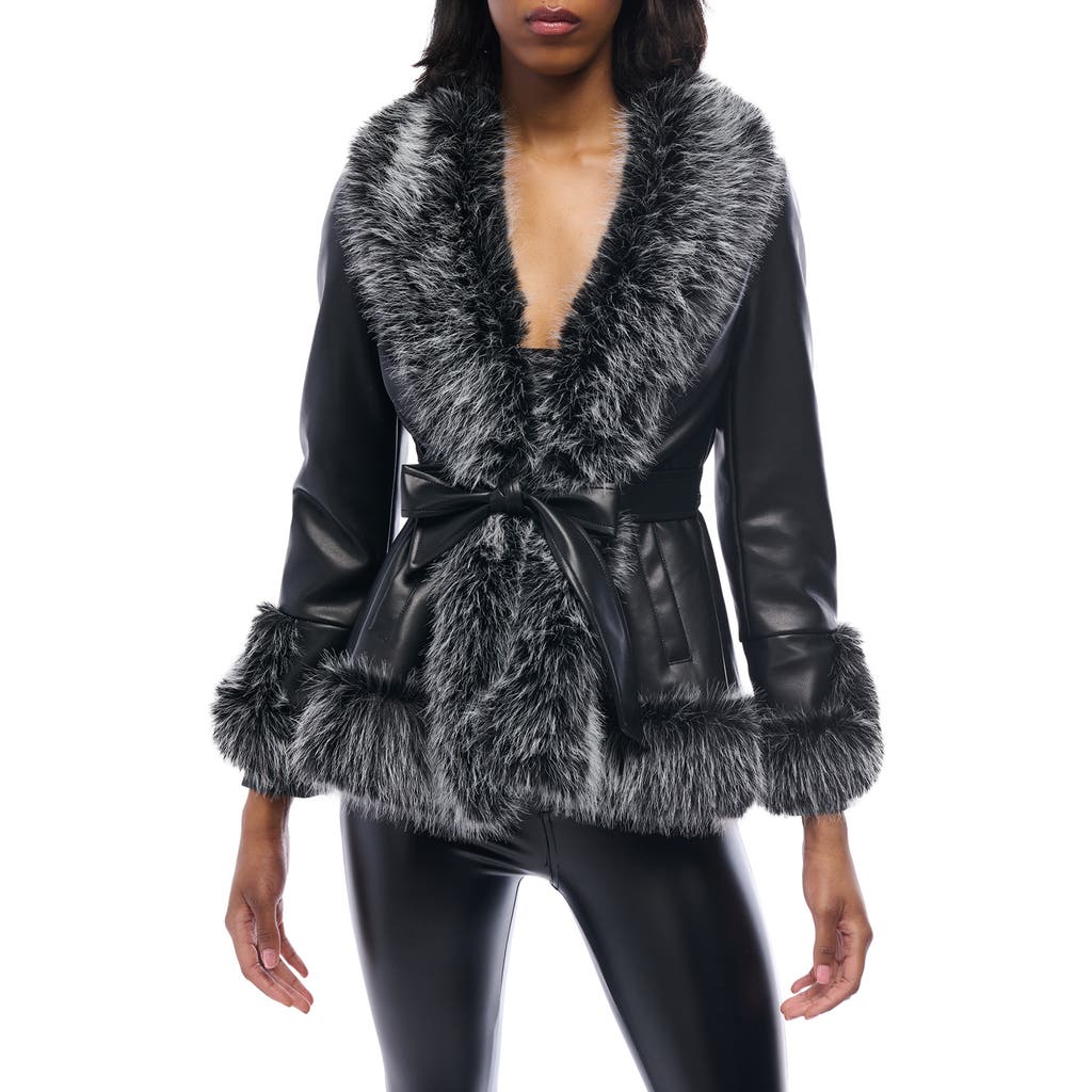 Azalea Wang Kenzy Water Resistant Faux Leather & Faux Fur Coat In Black