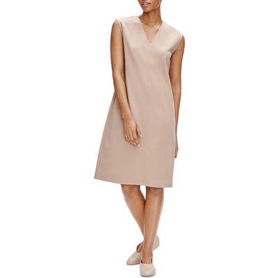 Petite Eileen Fisher V-Neck Sleeveless A-Line Dress, Beige