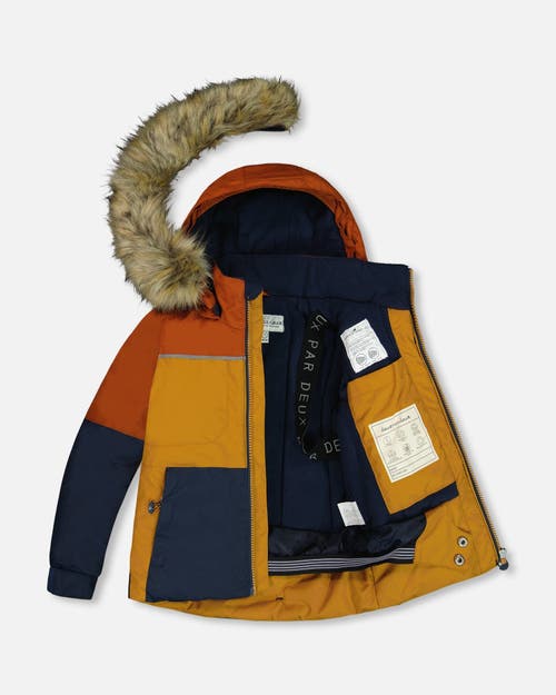 Shop Deux Par Deux Boy's Two Piece Snowsuit Colorblock Burnt Orange, Brown And Navy In Dress Blue