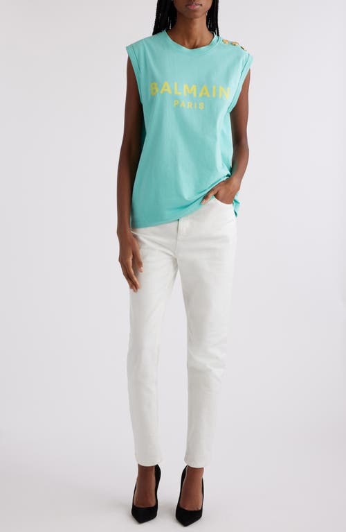 Shop Balmain Cotton Logo Graphic Tank In Pale Green/aqua Multi