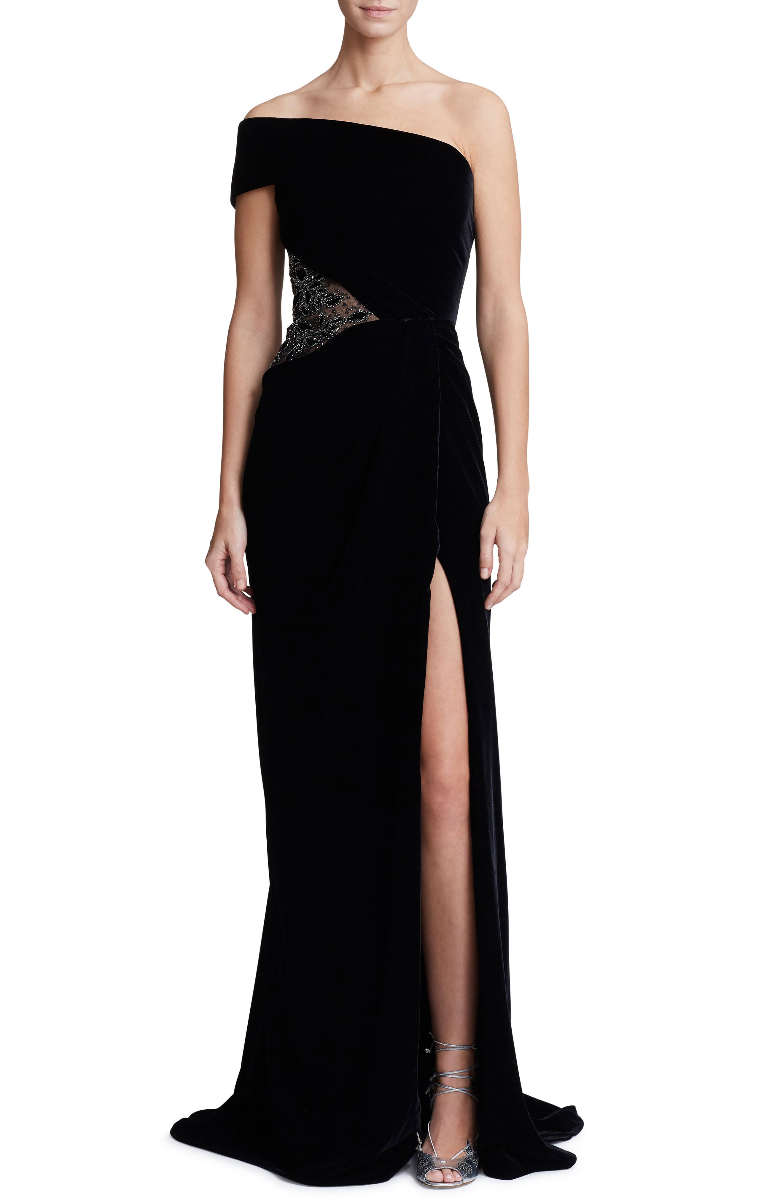 Marchesa One-Shoulder Velvet Gown, Black