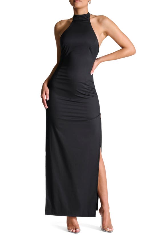 Naked Wardrobe Halter Corset Side Slit Dress In Black