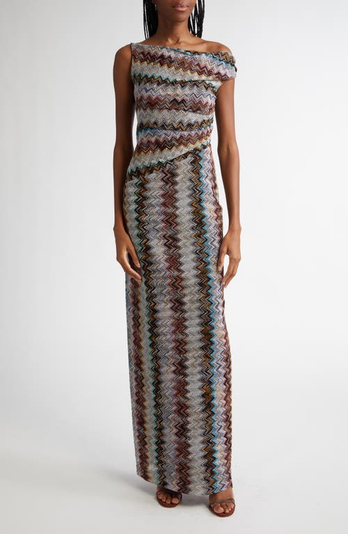 Missoni Long Zigzag Lamé Dress With Asymmetrical Neckline Silver/black/pink/light Blue In Multi Silver Black Pink Blue
