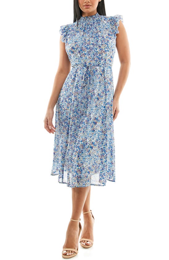 Nina Leonard Smock Chiffon Midi Dress In Blue Multi