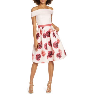 Chi Chi London Floral Off The Shoulder Fit & Flare Dress, Pink