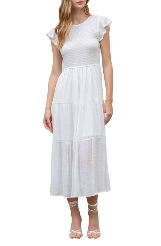Shop Blu Pepper Flutter Sleeve Smocked Tiered Midi Dress In White