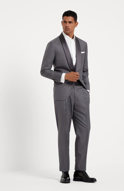 Shop Brunello Cucinelli Lightweight Virgin Wool And Silk Twill Tuxedo With Shawl Lapel Jacket And Pleated In Grey