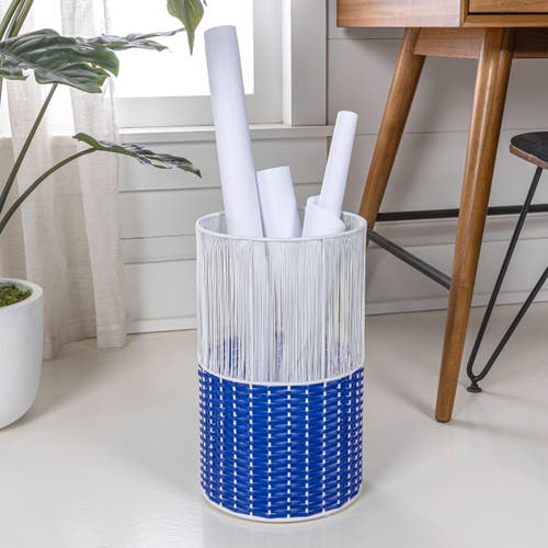 Happimess Harper Modern 2-tone Faux Wicker Cylinder Waste Basket In White/blue